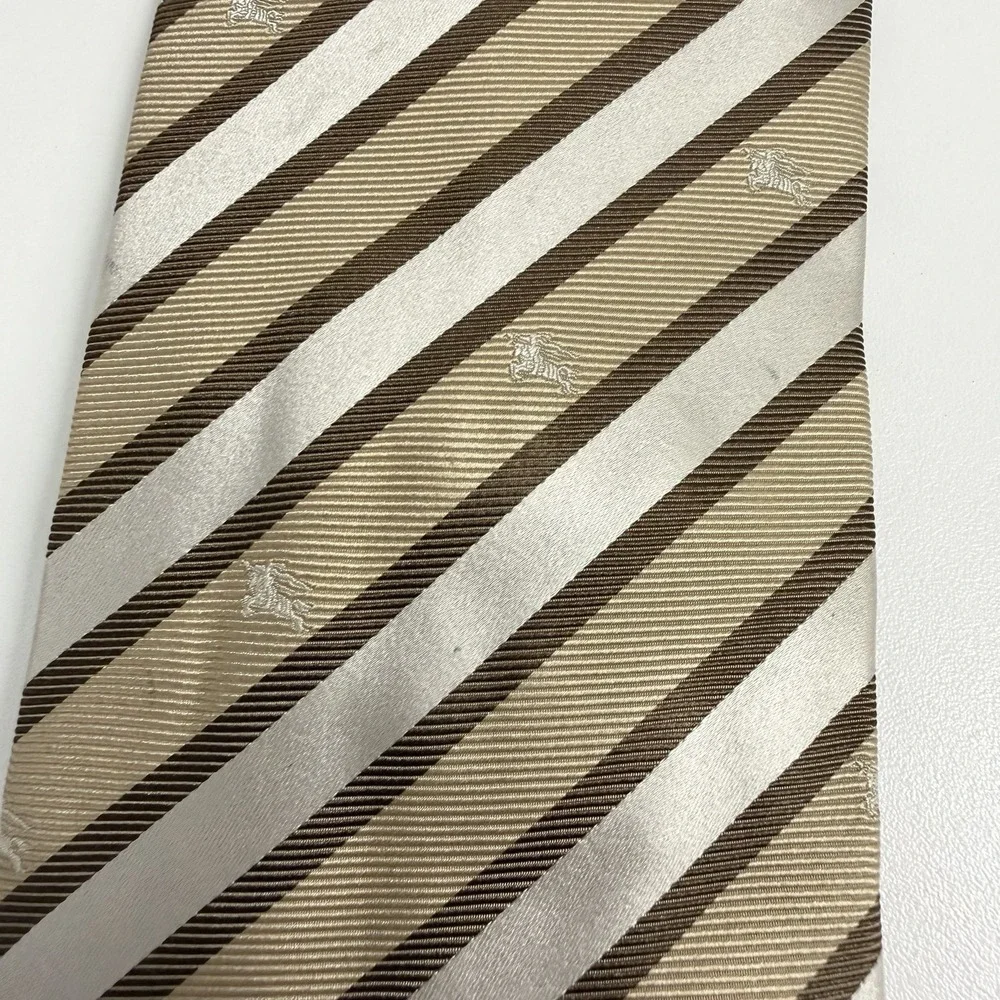 Burberry London Men's Tie Striped Equestrian Knight Logo Khaki Silk 3.5